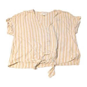 Anthropologie Cloth & Stone Women's Striped Shirt Tie Crop Top Linen Yellow Sz M